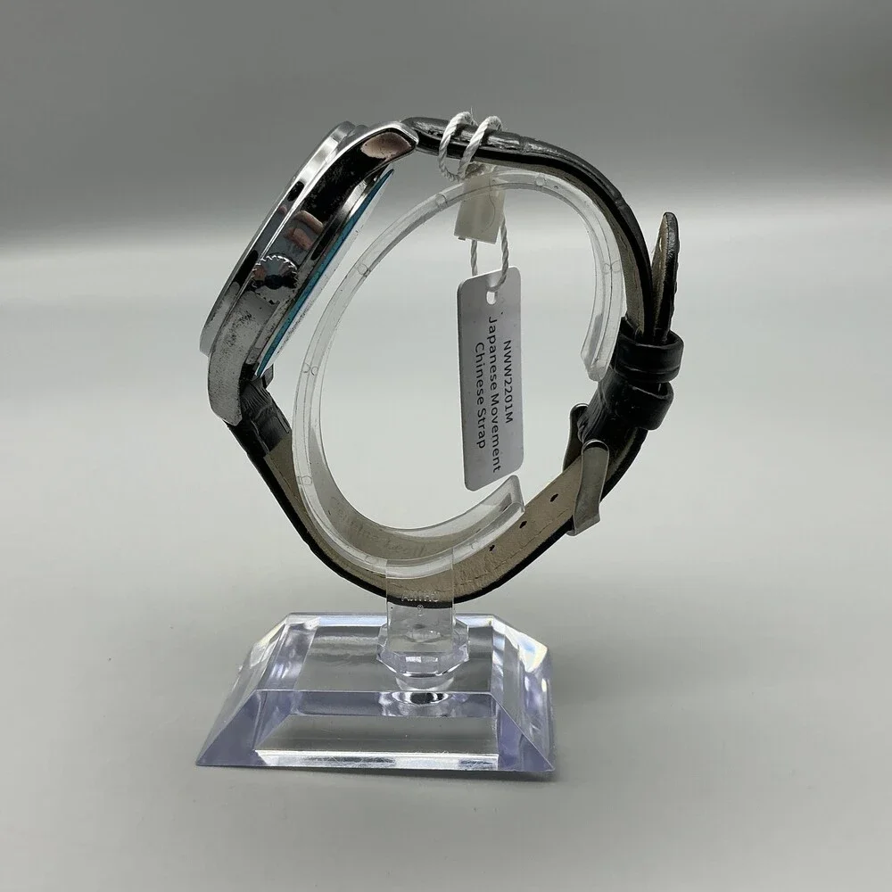 Nine West Womens Watch 42mm Silver Tone Black Dial Black Leather NWW2201W